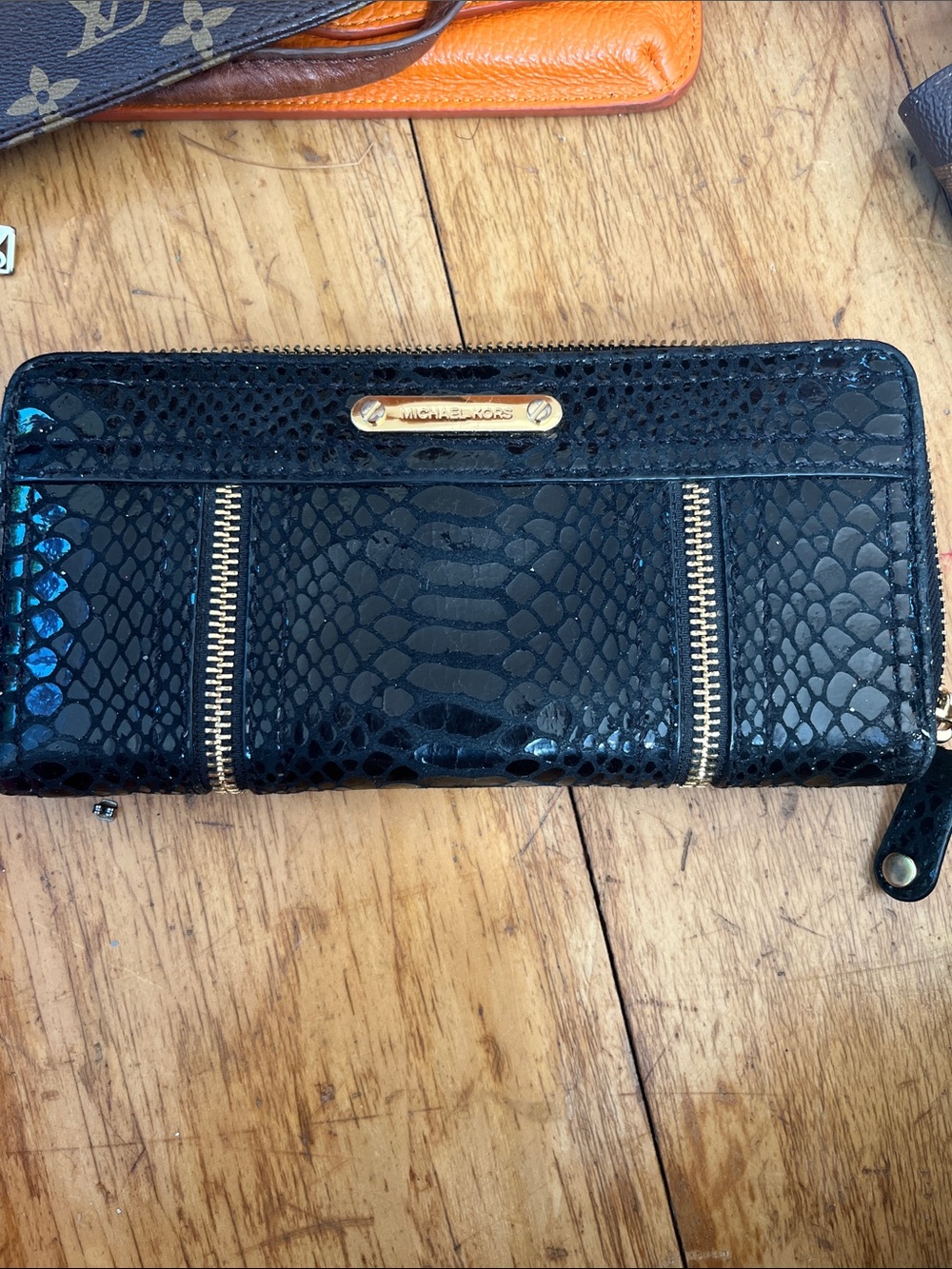 Michael Kors Black Snake-Embossed Zip-Around Wallet with Gold Accents